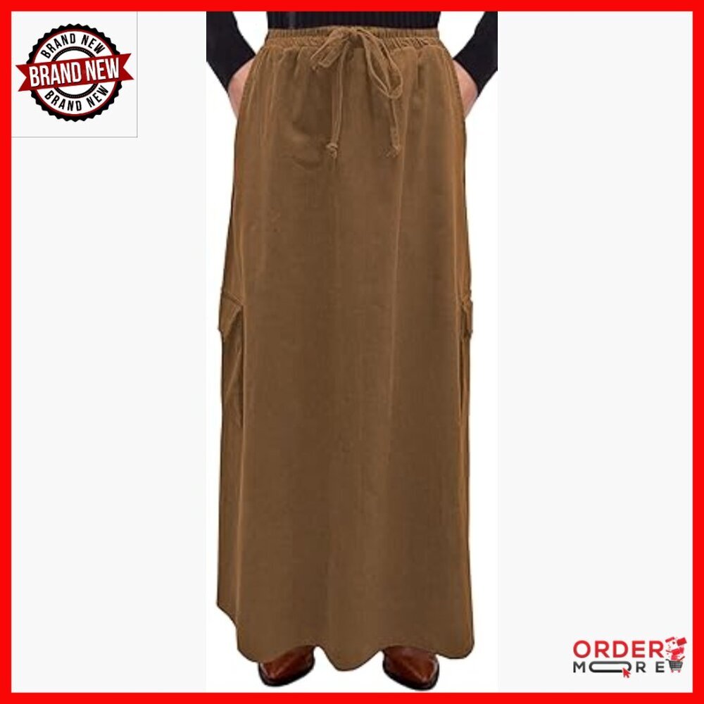 Cotton Corduroy Maxi Skirt with Cargo Pockets, Drawstring Waist, A-Line
